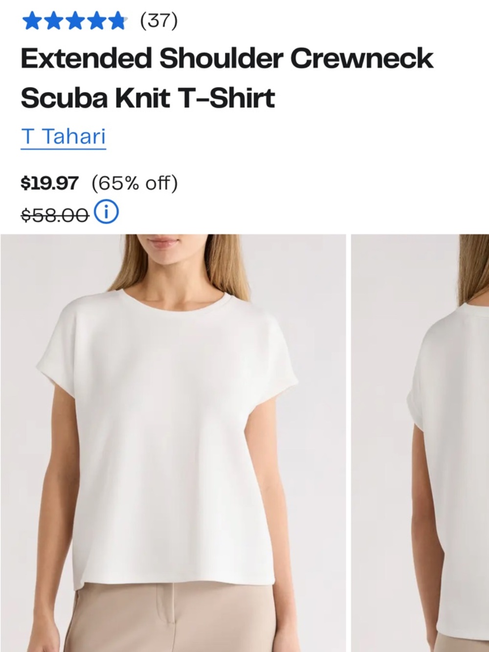T Tahari Extended Shoulder Crewneck Scuba Knit T-Shirt Size Small White